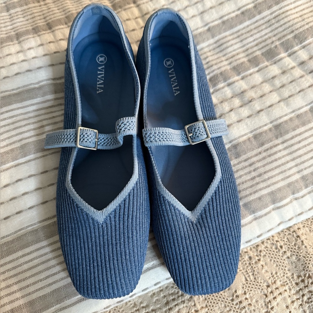 Vivaia Blue Knit Mary Jane Flats with Buckle Strap